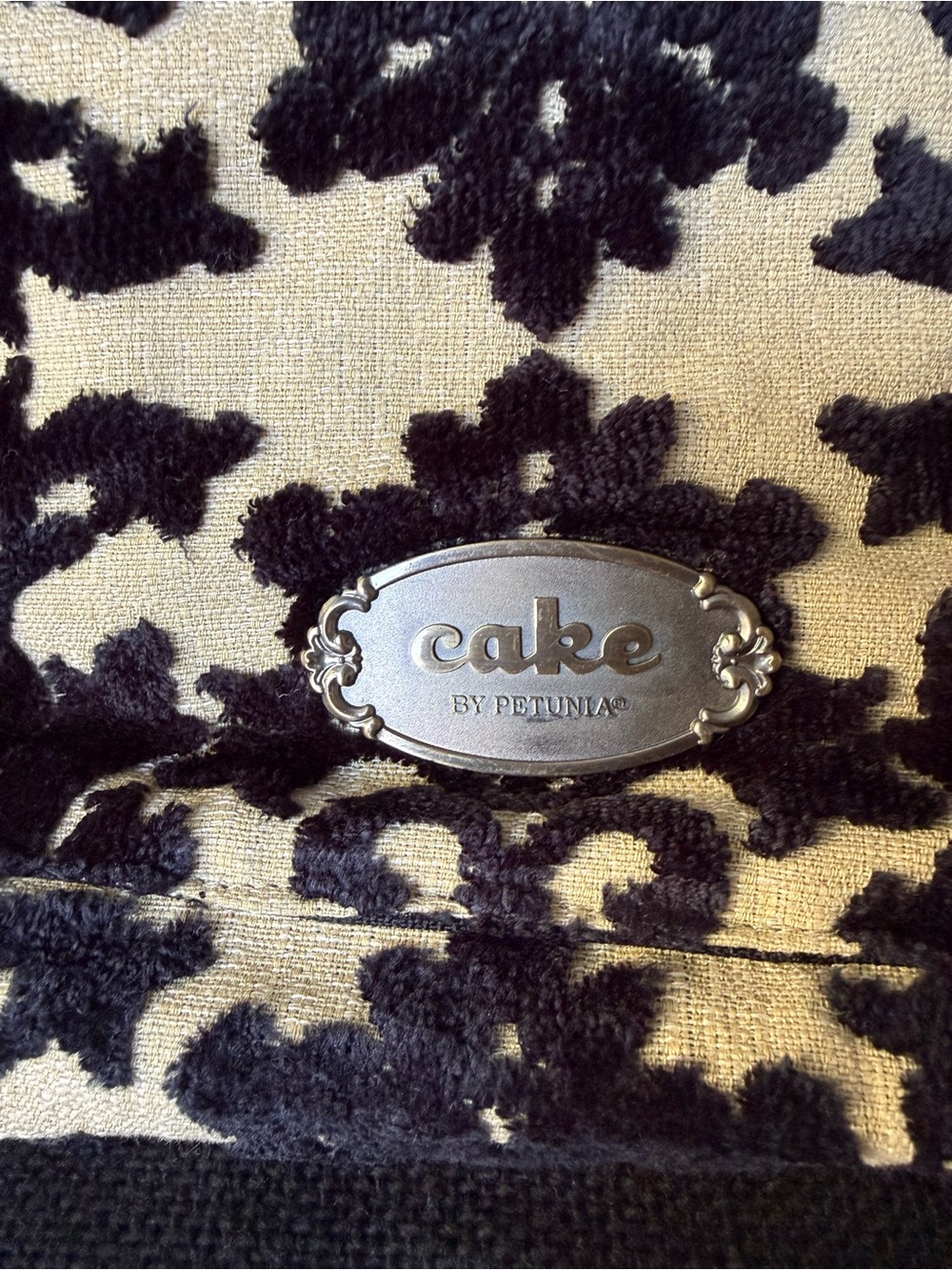 Cake By Petunia Diaper Bag In Black And Cream Plush Damask View 2